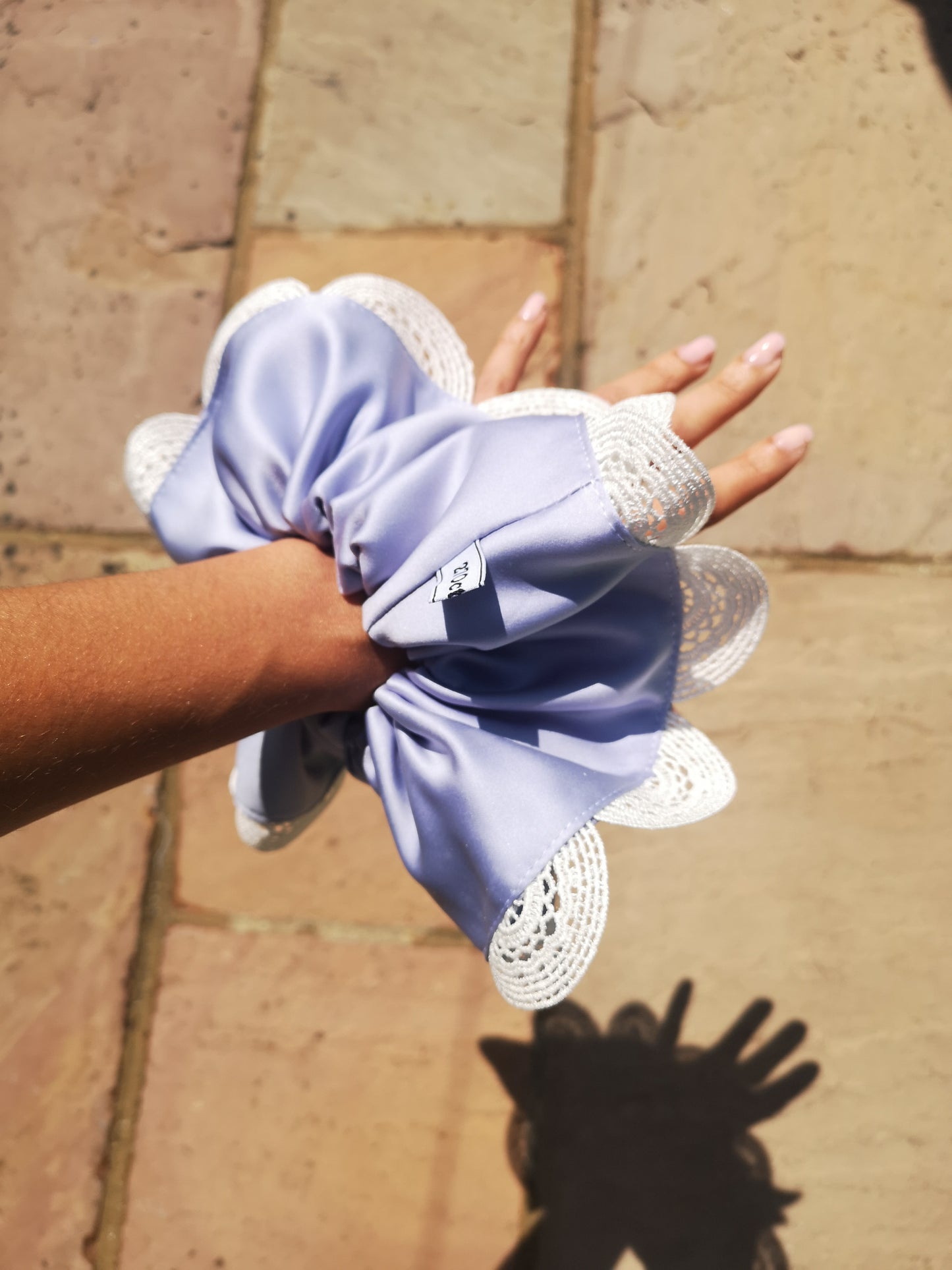 Angie Scrunchie Lilac Satin & Vintage Scalloped Lace
