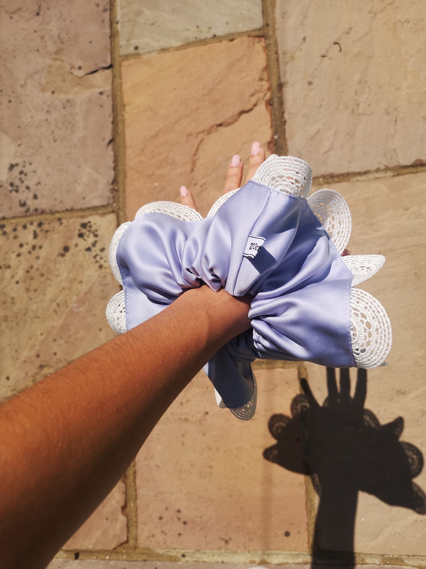 Angie Scrunchie Lilac Satin & Vintage Scalloped Lace