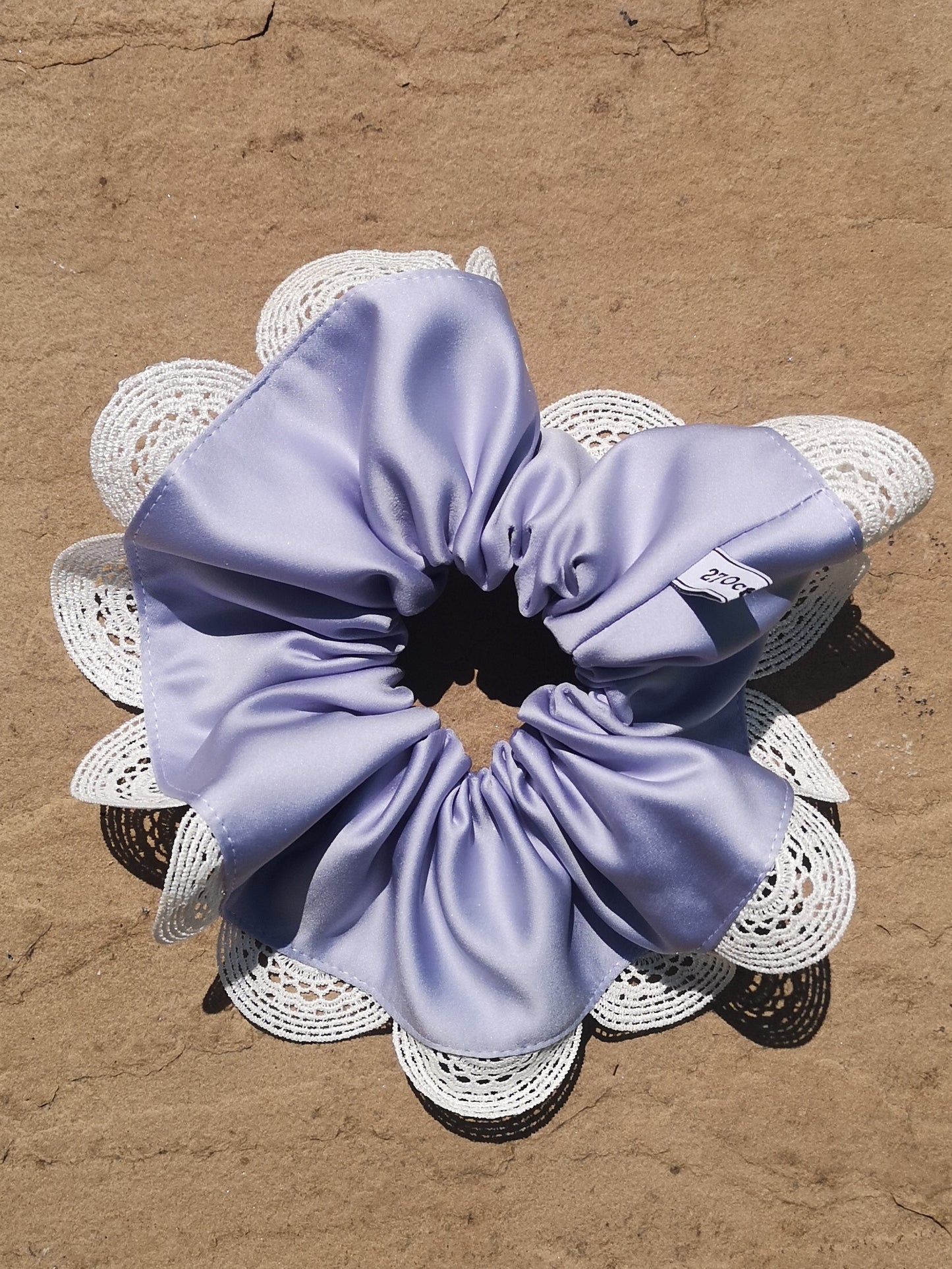 Angie Scrunchie Lilac Satin & Vintage Scalloped Lace