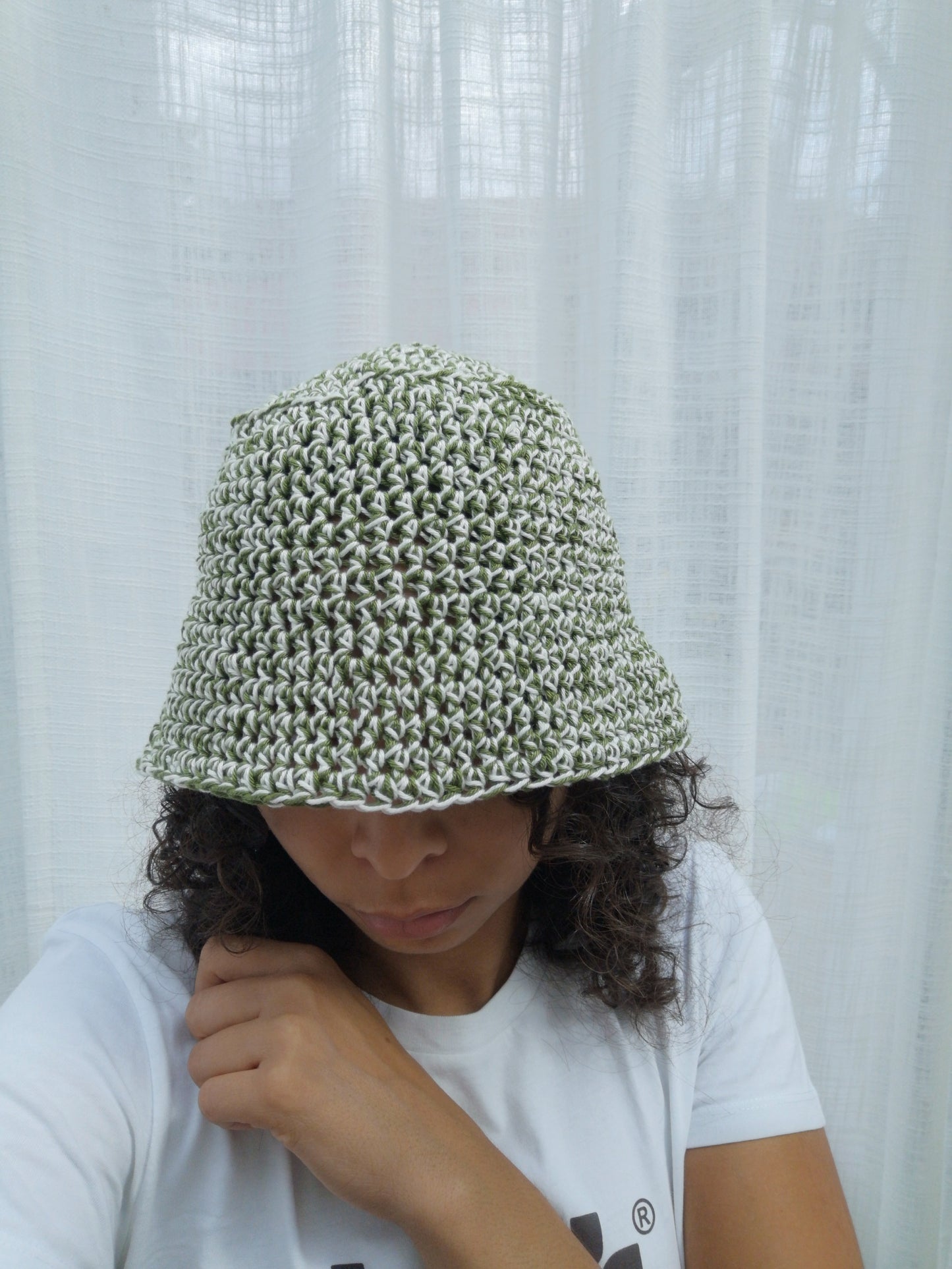Paula Cotton Crochet Bucket Hat in Sage Green & Cream Mix