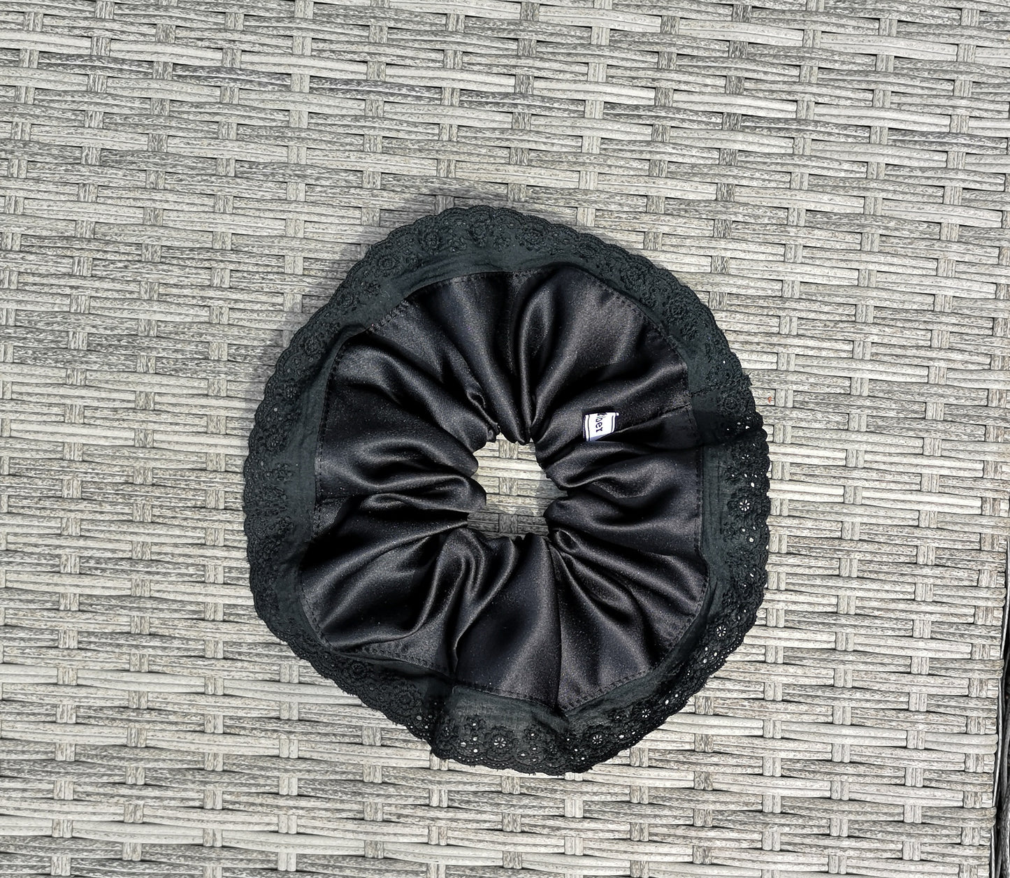 Angie Scrunchie Black Satin & Vintage Broderie Lace