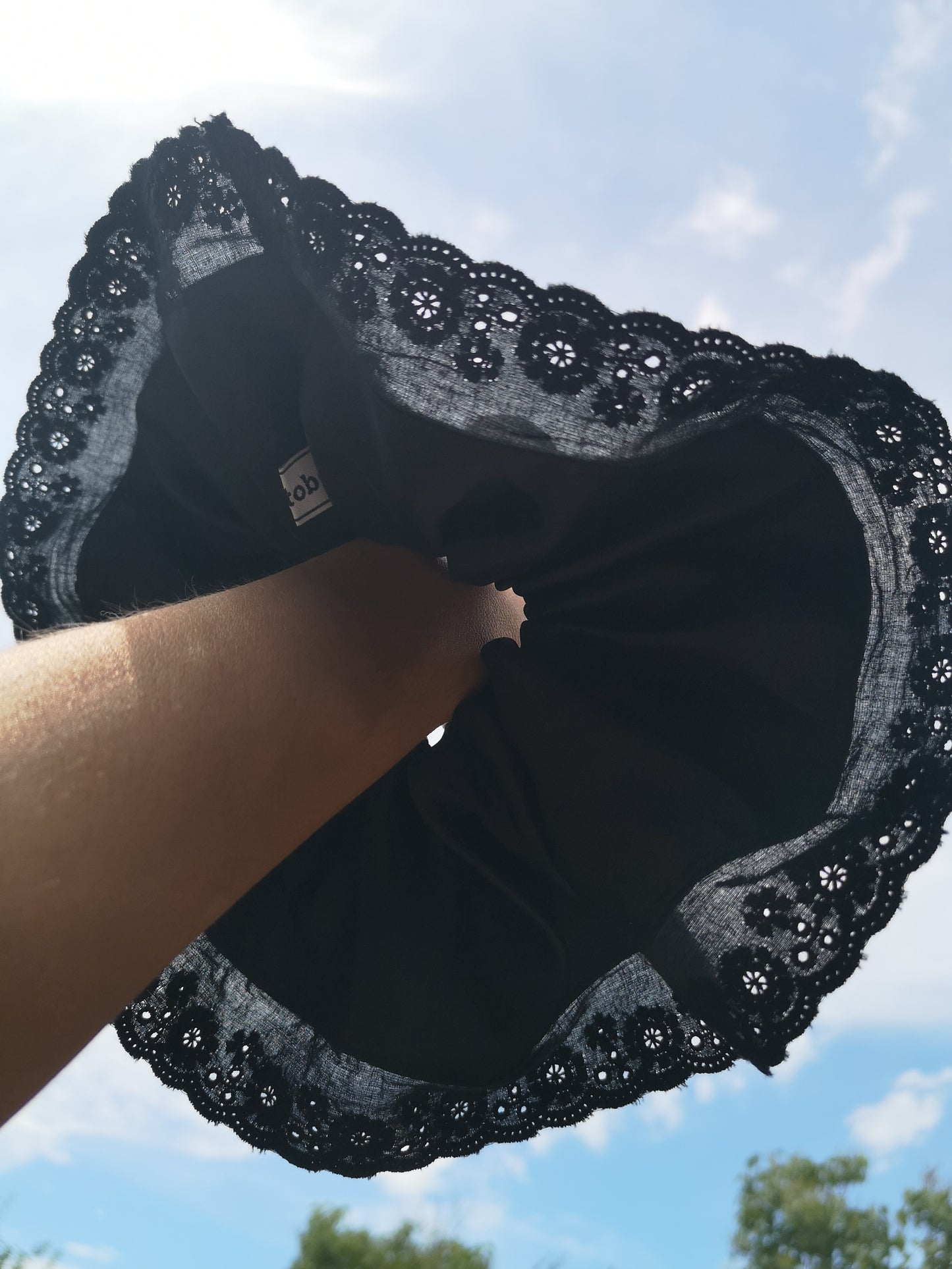Angie Scrunchie Black Satin & Vintage Broderie Lace