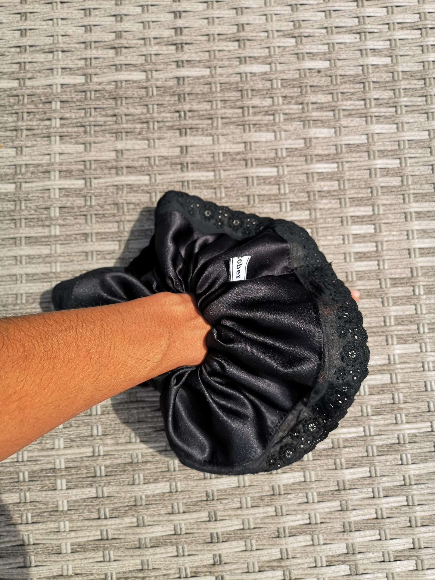 Angie Scrunchie Black Satin & Vintage Broderie Lace