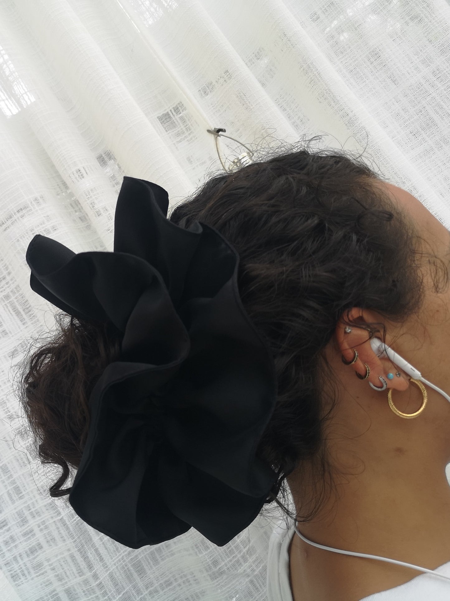 Sabrina Double Layer Black Satin Scrunchie