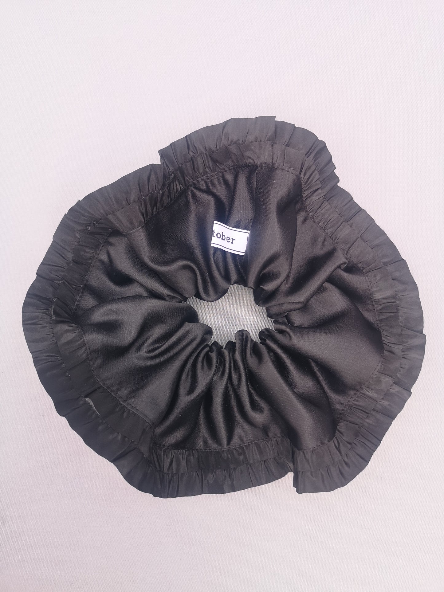 Angie Scrunchie Black Satin & Vintage Ruffle Trim