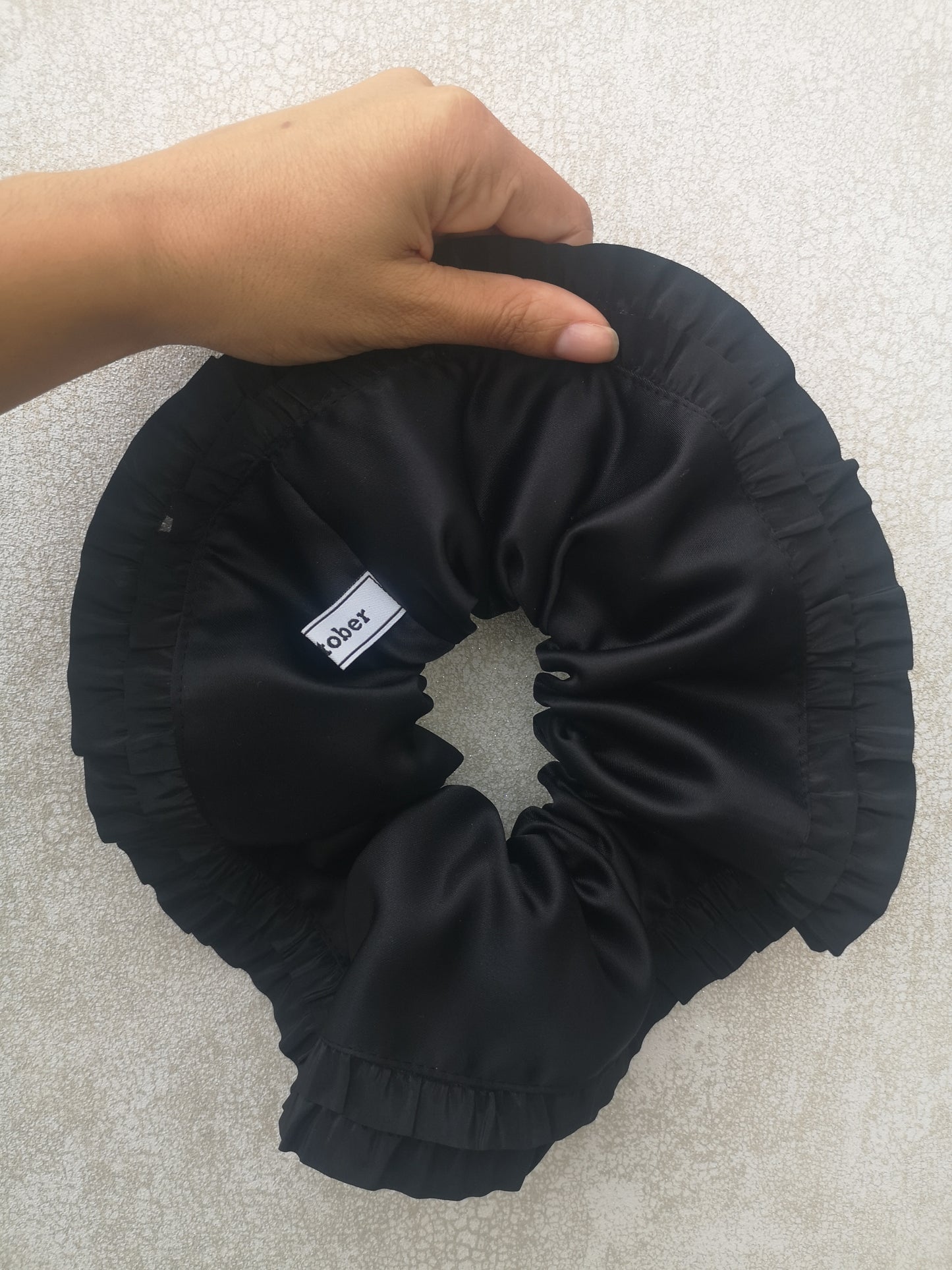 Angie Scrunchie Black Satin & Vintage Ruffle Trim