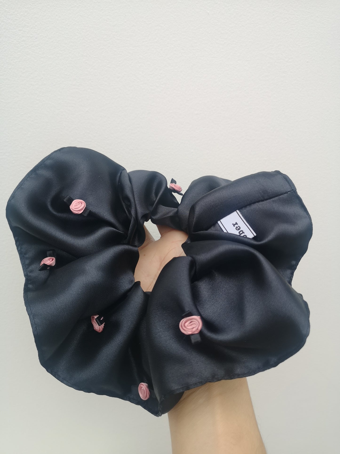 Ariana Scrunchie Black Satin & Vintage Satin Roses