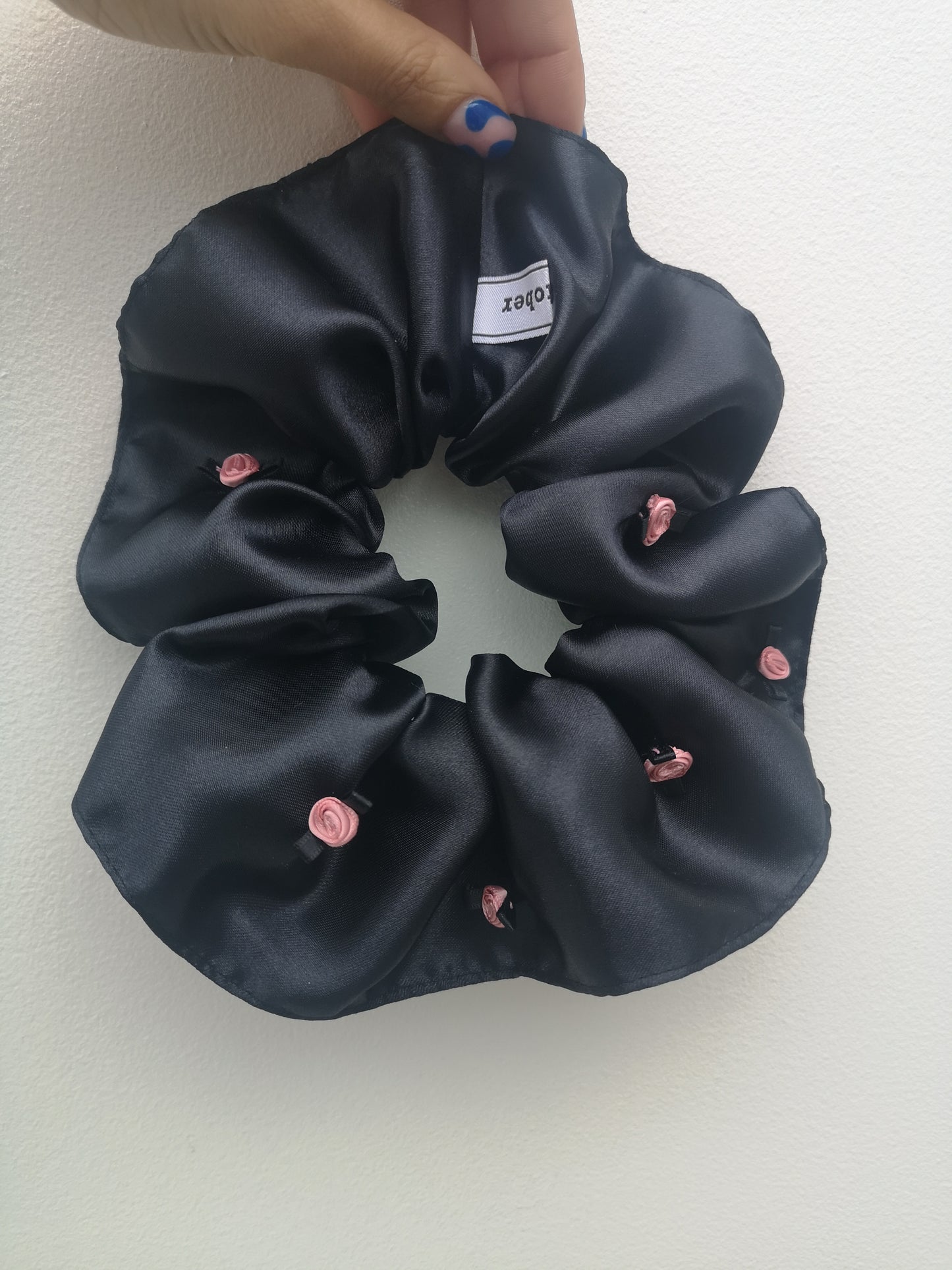 Ariana Scrunchie Black Satin & Vintage Satin Roses