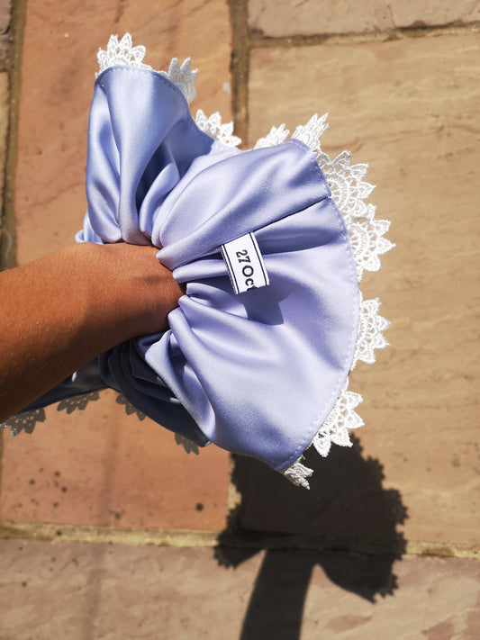 Angie Scrunchie Lilac Satin & Vintage Sunburst Lace