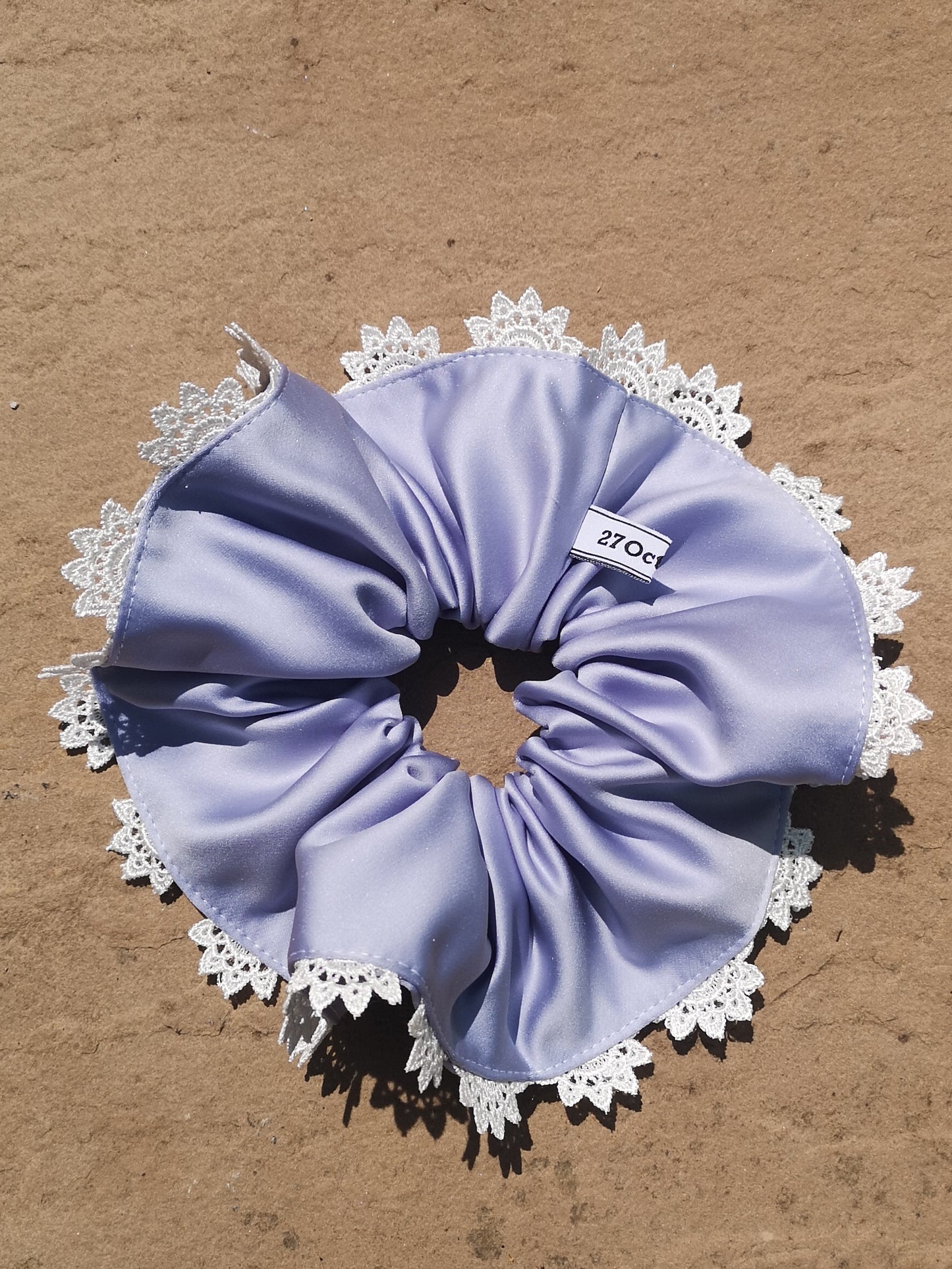 Angie Scrunchie Lilac Satin & Vintage Sunburst Lace