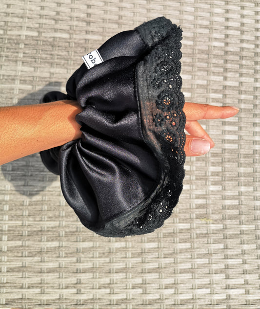 Angie Scrunchie Black Satin & Vintage Broderie Lace