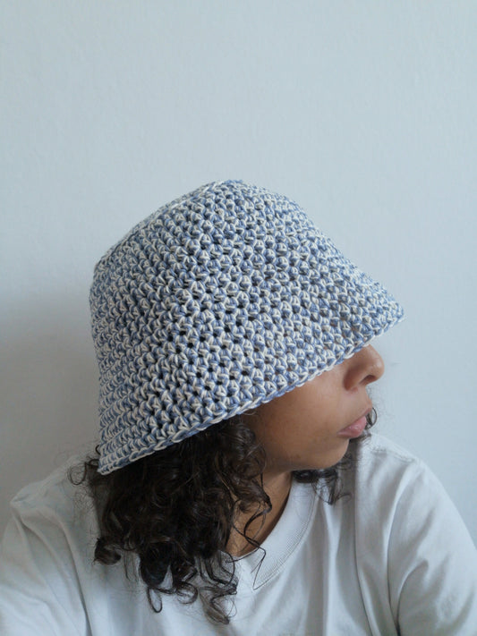 Paula Cotton Crochet Bucket Hat in Denim Blue & Cream Mix