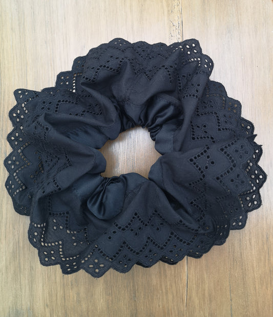 Odete Double Layer Black Satin Scrunchie with Vintage Broderie Anglaise Trim