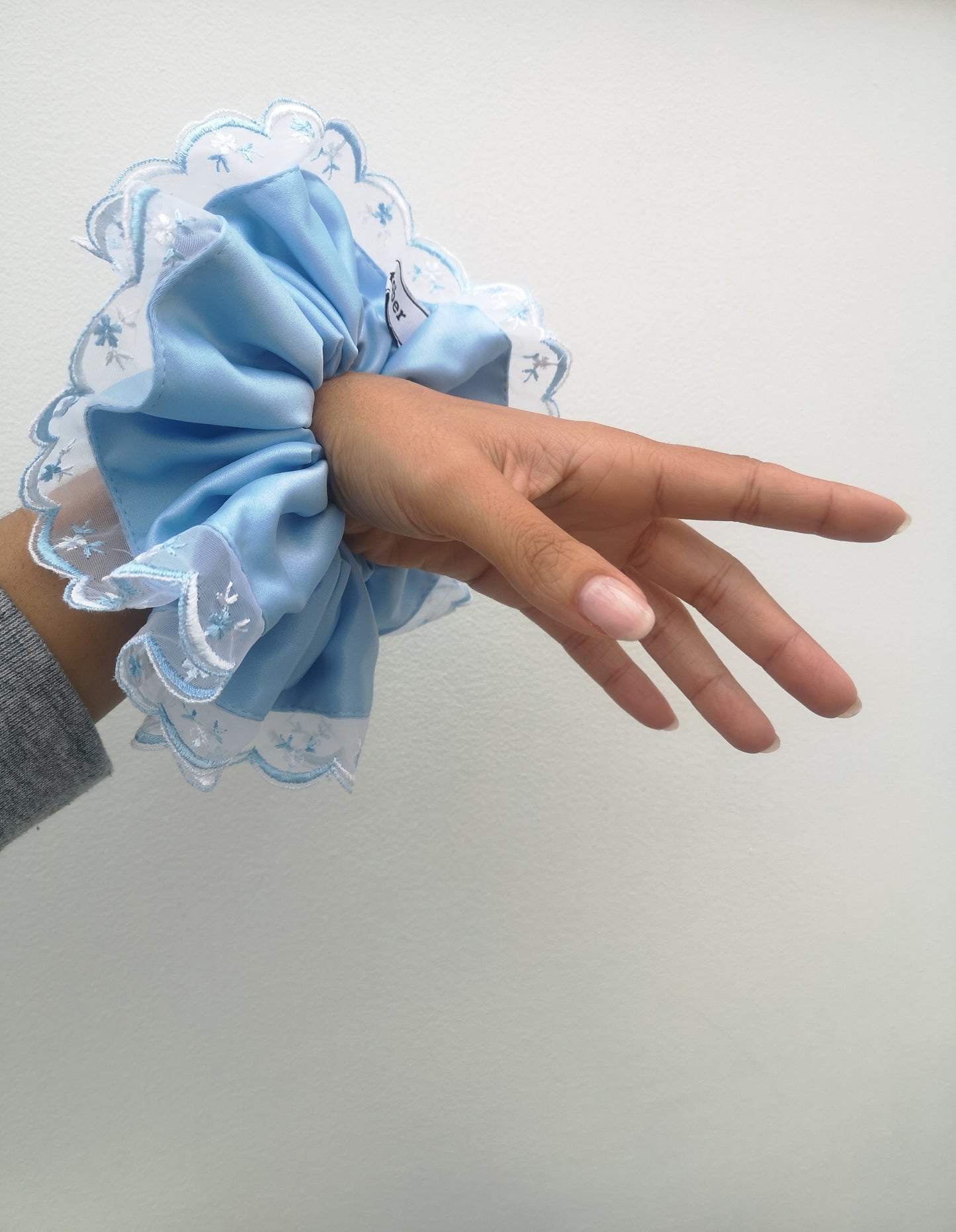 Angie Scrunchie Baby Blue Satin & Vintage Scalloped Lace