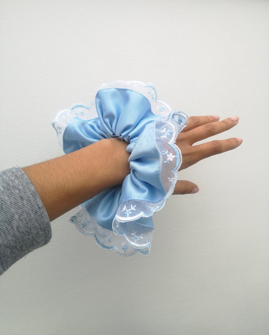 Angie Scrunchie Baby Blue Satin & Vintage Scalloped Lace