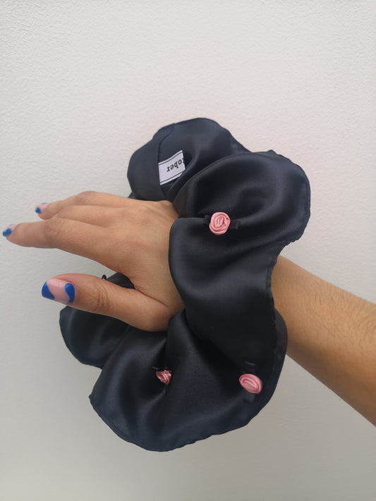 Ariana Scrunchie Black Satin & Vintage Satin Roses